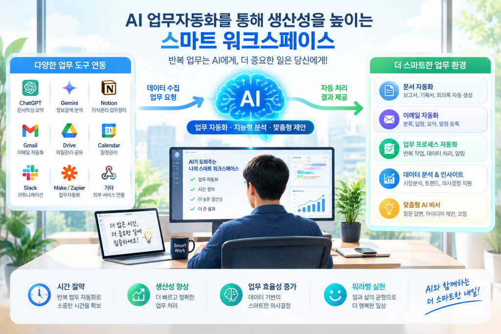 AI 업무자동화를 통해 생산성을 높이는 스마트 워크스페이스 개념도