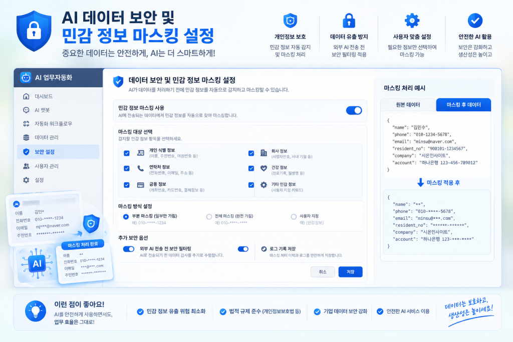 AI 데이터 보안 및 민감 정보 마스킹 설정 화면