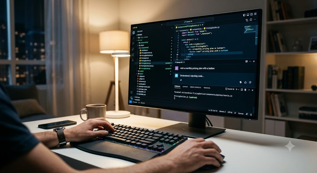 Cursor AI 에디터 화면과 폴더 구조가 동기화되어 실시간 대화로 코드를 주입하는 예시 화면
