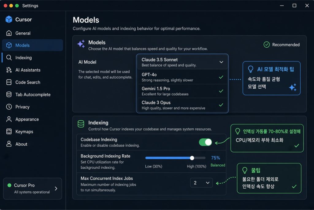 Cursor 설정 창에서 AI 모델 및 인덱싱 가동률 설정을 최적화하는 꿀팁 화면
