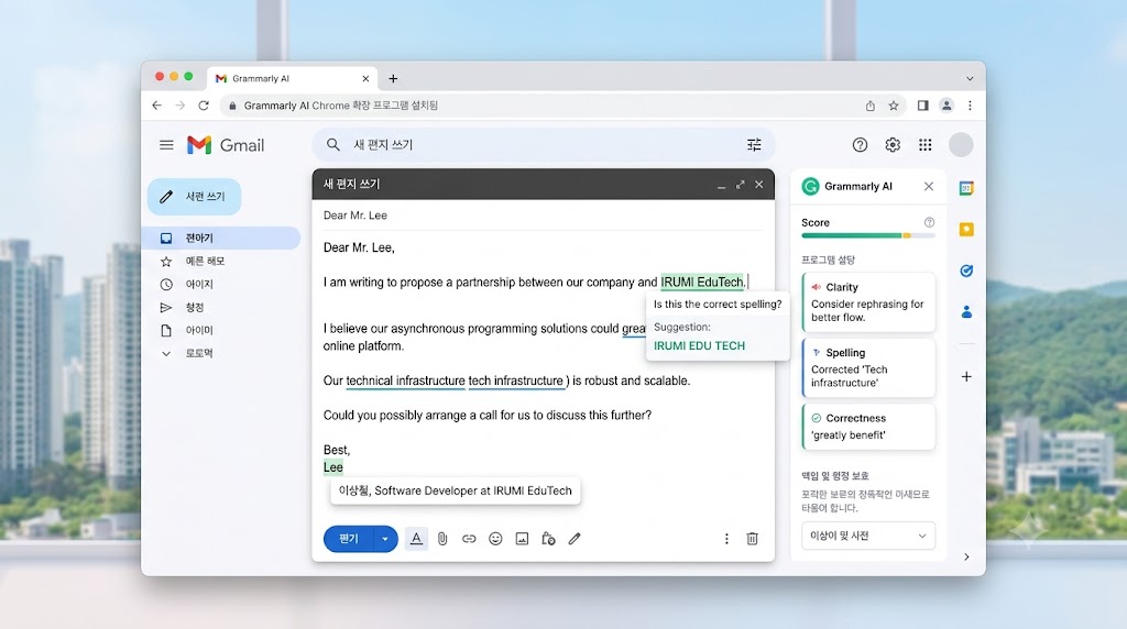 Grammarly AI를 활용하여 Gmail에서 영어 이메일 문장을 자동으로 교정하는 화면