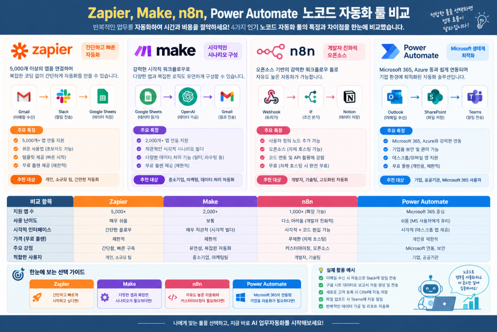 Zapier, Make, n8n, Power Automate 노코드 자동화 툴 비교 개념도