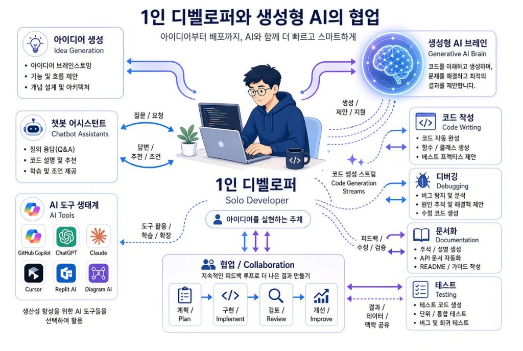 1인 디벨로퍼와 생성형 AI 협업 개념도