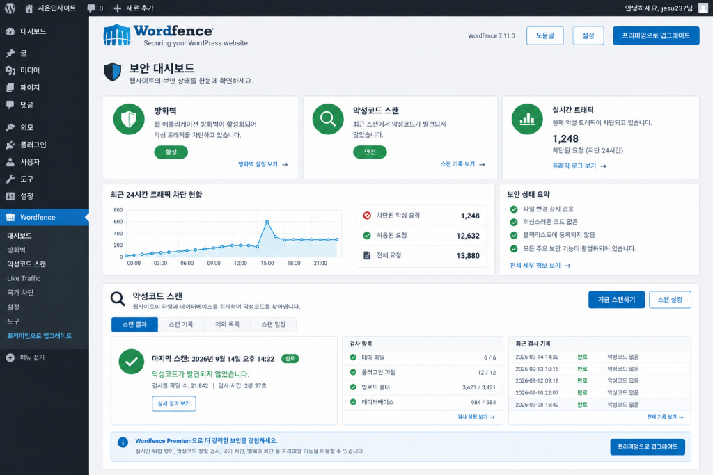 Wordfence 보안 대시보드 및 악성코드 스캔 화면