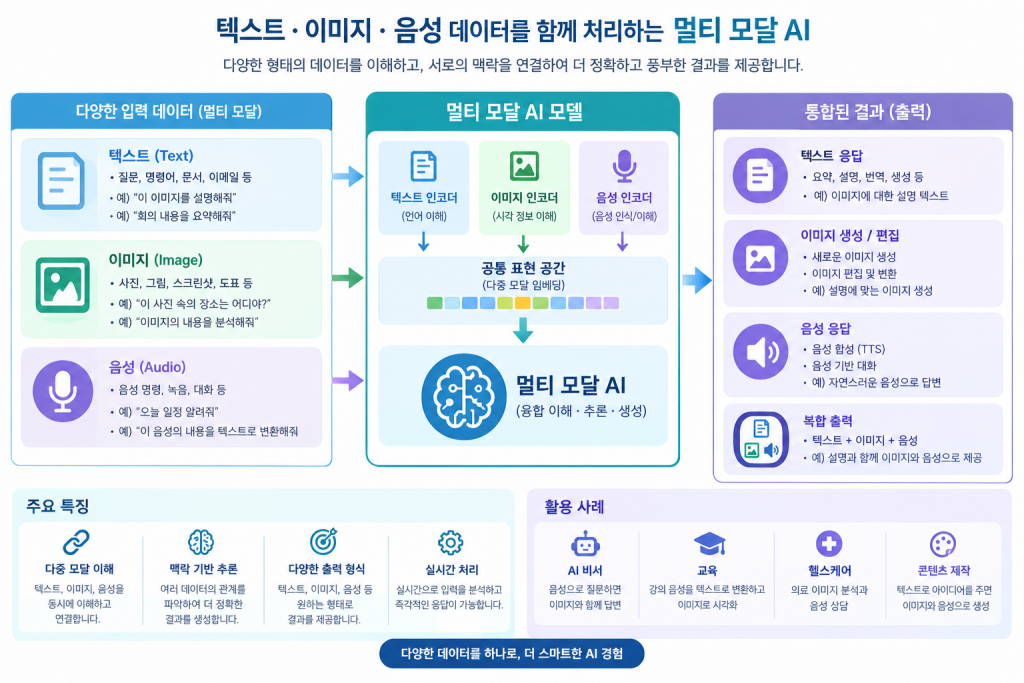 텍스트, 이미지, 음성 데이터를 함께 처리하는 멀티 모달 AI 개념 구조도