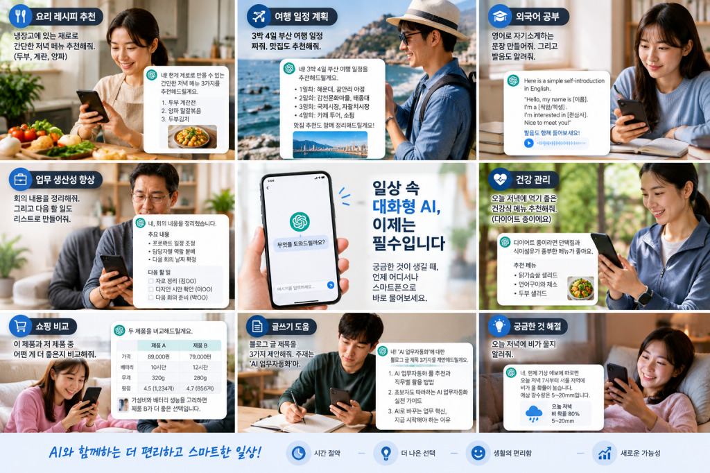 일상생활에서 스마트폰으로 대화형 AI를 활용하는 모습