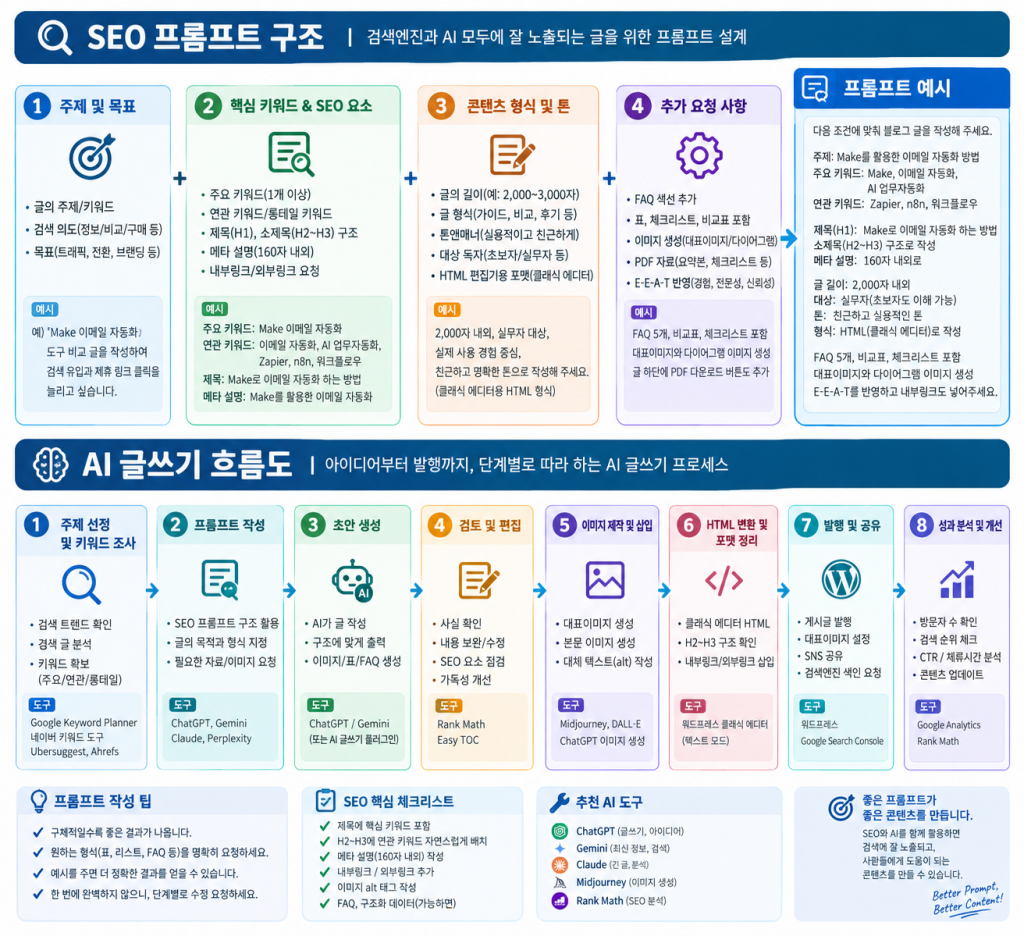 SEO 프롬프트 구조와 AI 글쓰기 흐름도