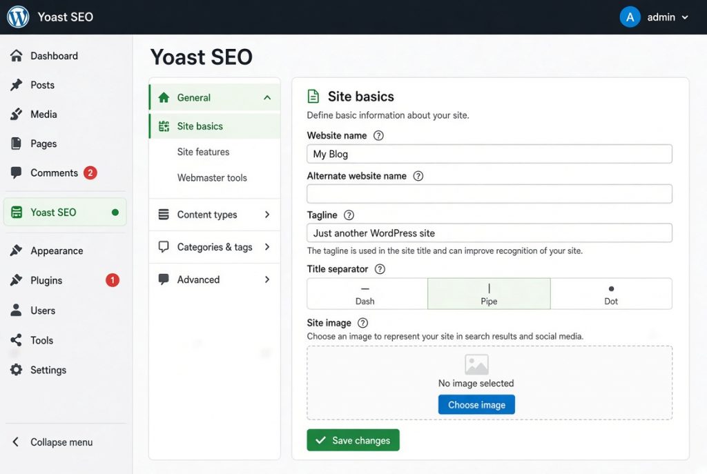 워드프레스 Yoast SEO 플러그인 기본 설정 화면