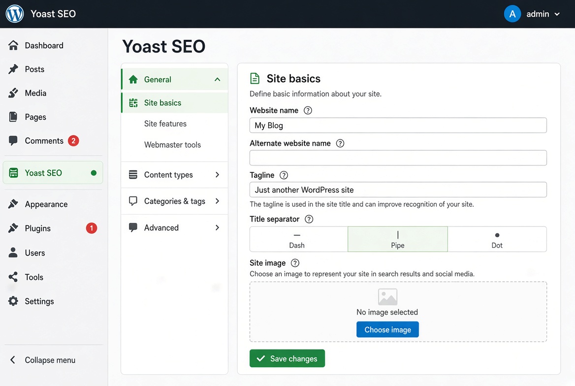 워드프레스 Yoast SEO 플러그인 기본 설정 화면