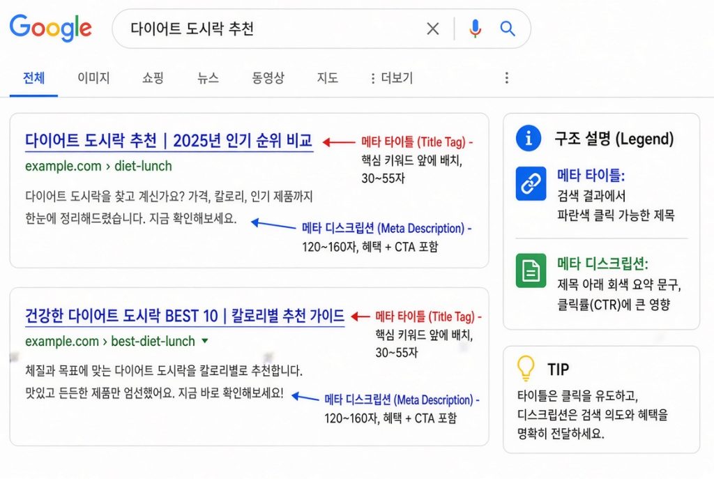 검색 결과 페이지에 표시된 메타 타이틀과 메타 디스크립션 구조