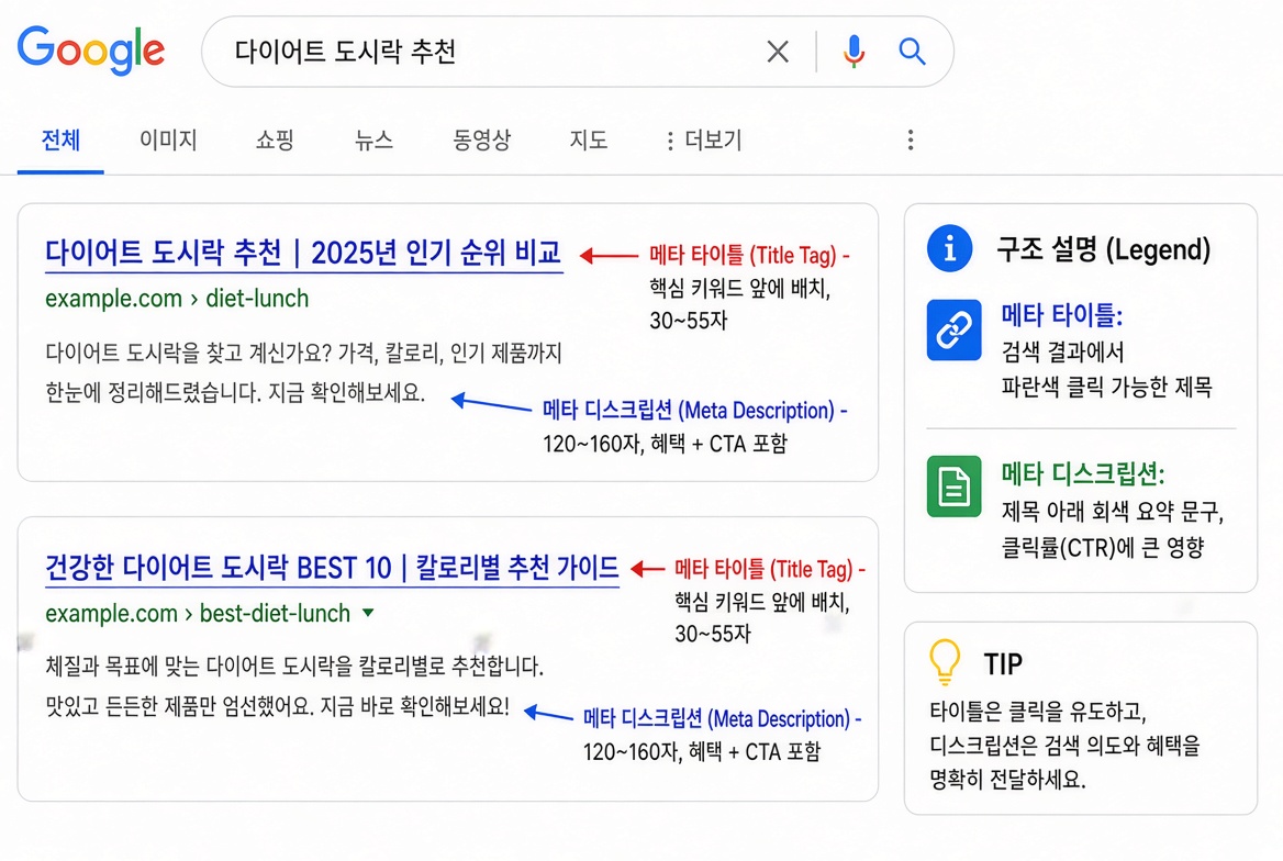 검색 결과 페이지에 표시된 메타 타이틀과 메타 디스크립션 구조