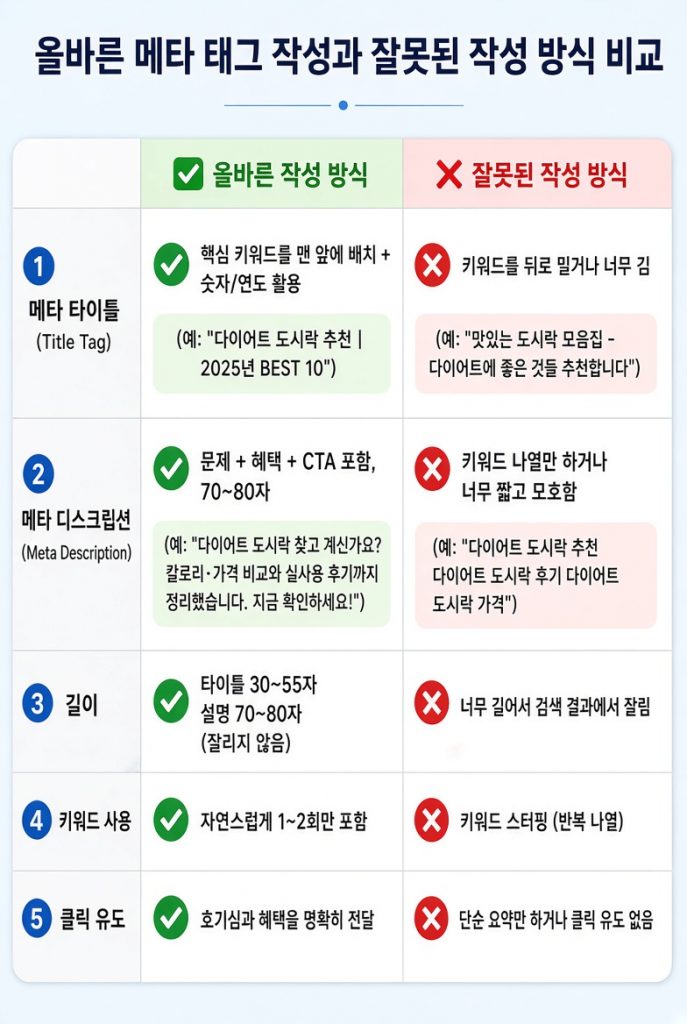 올바른 메타 태그 작성과 잘못된 작성 방식 비교표