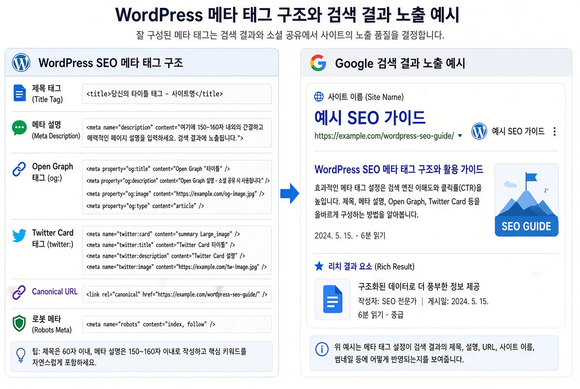 워드프레스 메타 태그 구조 및 검색 결과 노출 예시