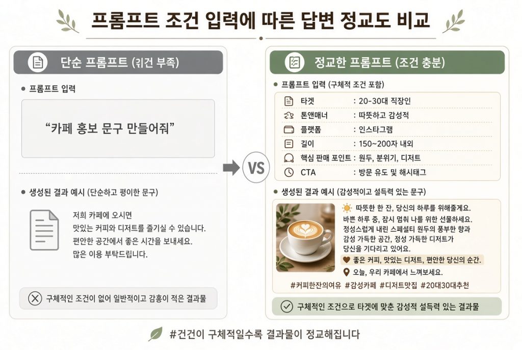 카페 홍보 프롬프트 조건 입력에 따른 답변 정교도 비교 화면