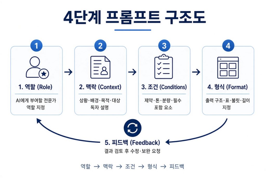 역할 맥락 조건 형식 피드백으로 이어지는 4단계 프롬프트 구조도